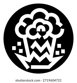 Nuvem de cogumelos representando uma explosão ou explosão de bomba, apresentando um design preto e branco dentro de um quadro circular, simbolizando poder, destruição e impacto