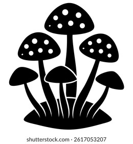 Mushroom cluster illustration with grass in black and white style