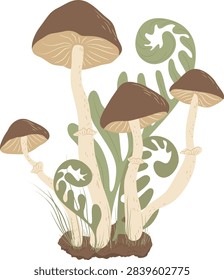 Mushroom cluster with tall stems and caps growing among fern fronds and grass, detailed line shading. Symbol of growth, nature, forest floor, and organic life. Cartoon vector illustration.