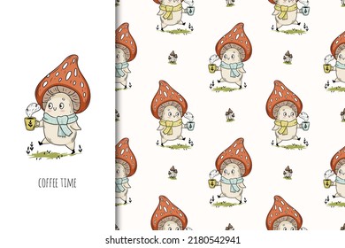 Mushroom with coffee cartoon vector illustration for posters, T-shirt print, postcard. Kids card print template and seamless background pattern set