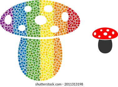 Mushroom collage icon of spheric dots in variable sizes and spectrum colored shades. A dotted LGBT-colored mushroom for lesbians, gays, bisexuals, and transgenders.