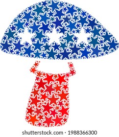 Collage hongo de estrellas en tamaños variables y colores. La ilustración de hongos usa los colores oficiales norteamericanos azul y rojo de los partidos políticos demócrata y republicano, y las partes estelares.
