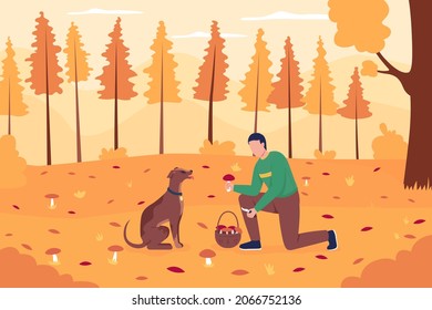 Mushroom collecting in fall flat color vector illustration. Harvest season. Man in woods. Recreational activity in autumn forest. Dating couple 2D cartoon characters with landscape on background