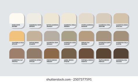 Mushroom Color Palette, Mushrooms brown Color Guide Palette with Color Names. Catalog Samples of brown Metal colors with RGB HEX codes. cladding sheet cream colour, Fashion Trend Mushroom Color tones