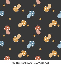 Mushroom colorful cartoon so cute. On star black background. Pattern seamless vector illustration. 