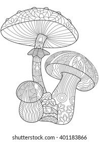 Mushroom coloring book for adults vector illustration. Anti-stress coloring for adult. Zentangle style. Black and white lines. Lace pattern