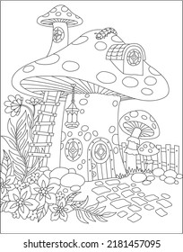 Mushroom coloring book page for kids and adults.