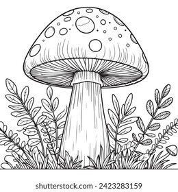 Mushroom coloring page black and white vector illustrations for kids