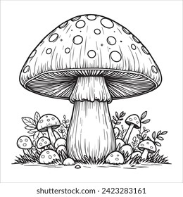 Mushroom coloring page black and white vector illustrations for kids