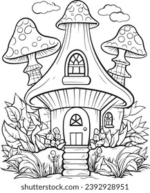 Mushroom coloring page. Mushroom coloring book page. Mushroom line art. Mushroom House. Coloring book for adult. Coloring page for adult. Line art. Black and white outline.