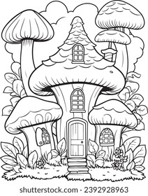 Malerseite für Pilze. Malbuchseite für Pilze. Mushroom line Art. Mushroom House. Farbbuch für Erwachsene. Farbseite für Erwachsene. Line Art. Schwarz-Weiß-Umriss.