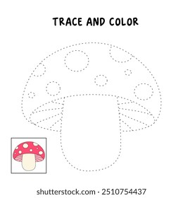 Mushroom coloring pages for kids. Trace and color mushroom. Coloring page outline of mushroom. Mushroom tracing worksheet. Kindergarten and preschool activity.
