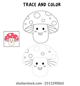 Mushroom coloring pages for kids. Trace and color mushroom. Coloring page outline of mushroom. Mushroom tracing worksheet. Kindergarten and preschool activity.