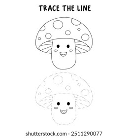 Mushroom coloring pages for kids. Trace and color mushroom. Coloring page outline of mushroom. Mushroom tracing worksheet. Kindergarten and preschool activity.
