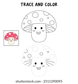 Mushroom coloring pages for kids. Trace and color mushroom. Coloring page outline of mushroom. Mushroom tracing worksheet. Kindergarten and preschool activity.