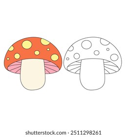 Mushroom coloring pages for kids. Trace and color mushroom. Coloring page outline of mushroom. Mushroom tracing worksheet. Kindergarten and preschool activity.