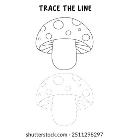 Mushroom coloring pages for kids. Trace and color mushroom. Coloring page outline of mushroom. Mushroom tracing worksheet. Kindergarten and preschool activity.