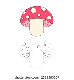 Mushroom coloring pages for kids. Trace and color mushroom. Coloring page outline of mushroom. Mushroom tracing worksheet. Kindergarten and preschool activity.