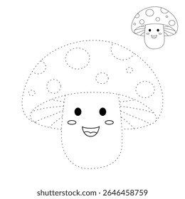 Mushroom coloring pages for kids. Trace and color mushroom. Coloring page outline of mushroom. Fun activity coloring mushroom vegetable for Kindergarten and preschool.