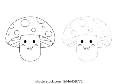 Mushroom coloring pages for kids. Trace and color mushroom. Coloring page outline of mushroom. Fun activity coloring mushroom vegetable for Kindergarten and preschool.