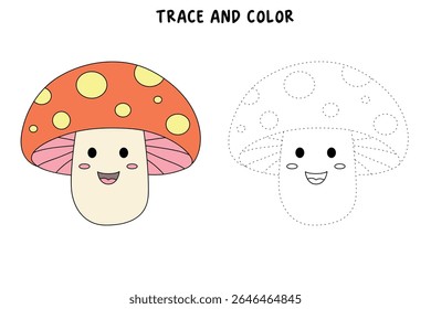Mushroom coloring pages for kids. Trace and color mushroom. Coloring page outline of mushroom. Fun activity coloring mushroom vegetable for Kindergarten and preschool.