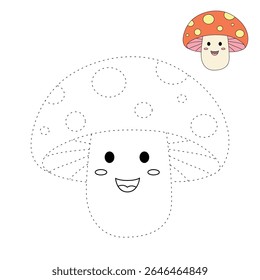 Mushroom coloring pages for kids. Trace and color mushroom. Coloring page outline of mushroom. Fun activity coloring mushroom vegetable for Kindergarten and preschool.