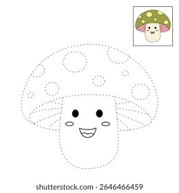 Mushroom coloring pages for kids. Trace and color mushroom. Coloring page outline of mushroom. Fun activity coloring mushroom vegetable for Kindergarten and preschool.