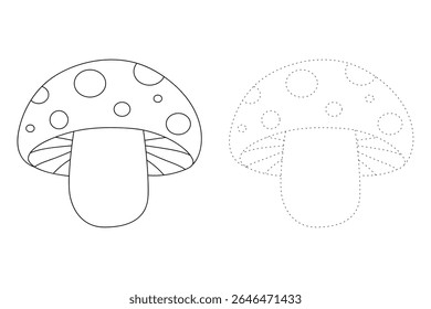 Mushroom coloring pages for kids. Trace and color mushroom. Coloring page outline of mushroom. Fun activity coloring mushroom vegetable for Kindergarten and preschool.