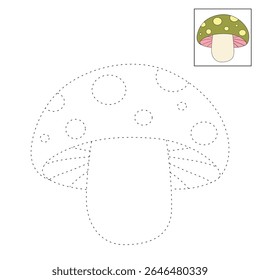 Mushroom coloring pages for kids. Trace and color mushroom. Coloring page outline of mushroom. Fun activity coloring mushroom vegetable for Kindergarten and preschool.