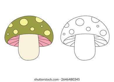 Mushroom coloring pages for kids. Trace and color mushroom. Coloring page outline of mushroom. Fun activity coloring mushroom vegetable for Kindergarten and preschool.