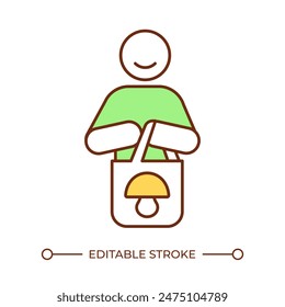 Mushroom consumer RGB color icon. Happy customer with grocery bag. Buying natural products. Consumer behavior. Isolated vector illustration. Simple filled line drawing. Editable stroke