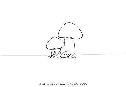 Mushroom continuous one line art drawing of nature mushroom, perfect from nature’s harvest. Champignon style, drawn in one continuous stroke.