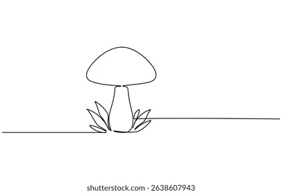 Mushroom continuous one line art drawing of nature mushroom, perfect from nature’s harvest. Champignon style, drawn in one continuous stroke.