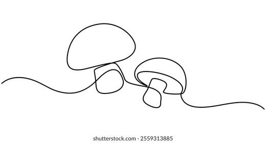 Mushroom continuous one line drawing of isolated outline vector icon, Mushroom in one continuous line drawing. Nature food in simple linear style. Edible autumn harvest in editable stroke. Doodle. 