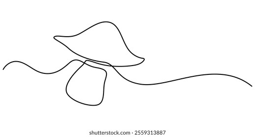 Mushroom continuous one line drawing of isolated outline vector icon, Mushroom in one continuous line drawing. Nature food in simple linear style. Edible autumn harvest in editable stroke. Doodle. 