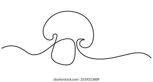 Mushroom continuous one line drawing of isolated outline vector icon, Mushroom in one continuous line drawing. Nature food in simple linear style. Edible autumn harvest in editable stroke. Doodle. 