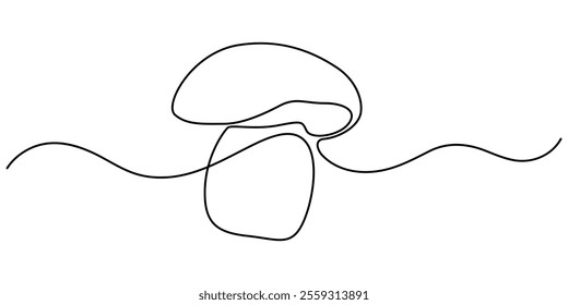 Mushroom continuous one line drawing of isolated outline vector icon, Mushroom in one continuous line drawing. Nature food in simple linear style. Edible autumn harvest in editable stroke. Doodle. 