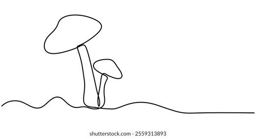 Mushroom continuous one line drawing of isolated outline vector icon, Mushroom in one continuous line drawing. Nature food in simple linear style. Edible autumn harvest in editable stroke. Doodle. 