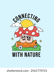 Mushroom couple character in nature and sitting at the log and sun background perfect for  promoting harmony with nature Hand drawn groovy cartoon poster template