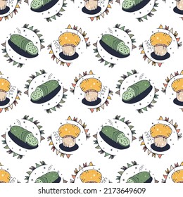 Mushroom and Cucumbers. Seamless pattern on a white background. Cute vector illustration.