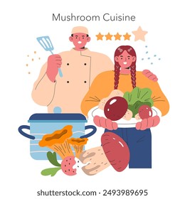 Mushroom Cuisine concept. Chef and assistant preparing gourmet dishes with fresh mushrooms. Culinary art and healthy eating. Vector illustration.