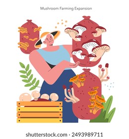 Mushroom Cultivation concept. A farmer showcasing various edible fungi, expressing the growth of mushroom farming. Sustainable agriculture and harvesting. Vector illustration.