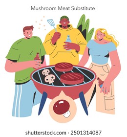 Mushroom cultivation concept. Friends enjoy a barbecue with mushroom meat substitutes, promoting sustainable dining habits. Vector illustration.