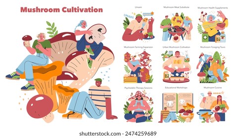 Mushroom Cultivation set. Diverse aspects of growing, using, and enjoying mushrooms. Farming, culinary uses, and educational activities. Vector illustration.