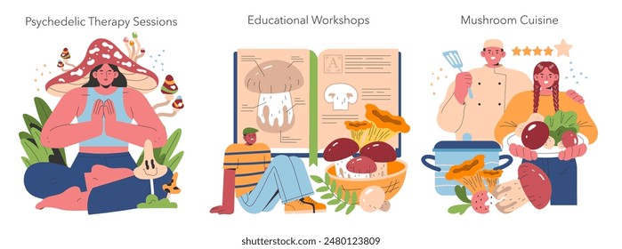 Mushroom Cultivation set. Exploring the diverse world of fungi, from therapeutic uses to educational guides and culinary arts. Vector illustration.