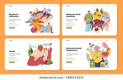 Mushroom Cultivation set. From farm to table, illustrating diverse uses of mushrooms. Cultivating, grilling as meat alternative, savoring umami, health supplements. Vector illustration.