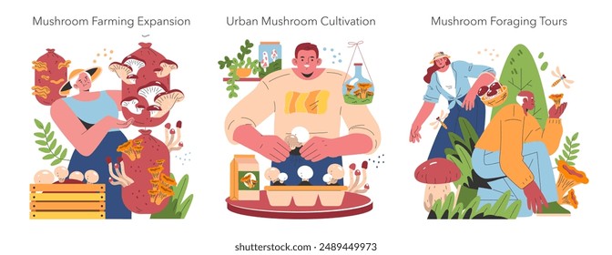 Mushroom Cultivation set. Illustration of diverse methods from farming, urban growth to foraging. Educational and sustainable agriculture themes. Vector illustration.