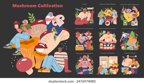 Mushroom Cultivation set. Various facets of growing and utilizing fungi demonstrated by diverse characters. Urban farming, cuisine, and supplements. Vector illustration.