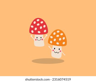 Mushroom cute character. Fruits and vegetables cute character in cartoon style with happy faces dancing.