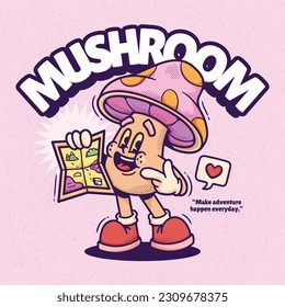 Mushroom Cute Trendy Retro Cartoon Vector Hand Drawn